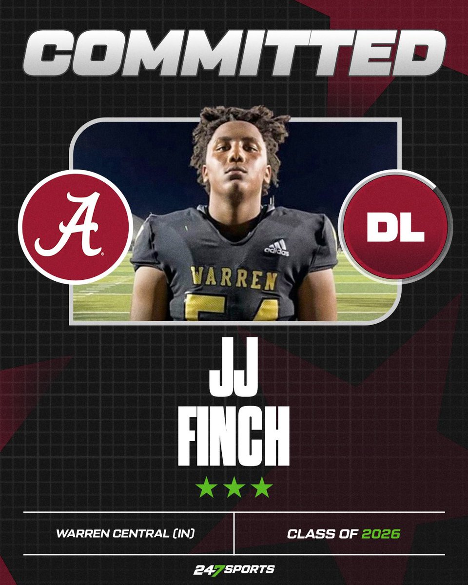 BREAKING: 3⭐️ DL JJ Finch has committed to Alabama over Purdue, Michigan, Tennessee, &amp; Miami

6-foot-3, 280-pounder took his official visit to Tuscaloosa the weekend of May 30.

Crimson Tide up to eight commitments in the class, including a trio of DL.

🐘 bit.ly/4n2QVoO