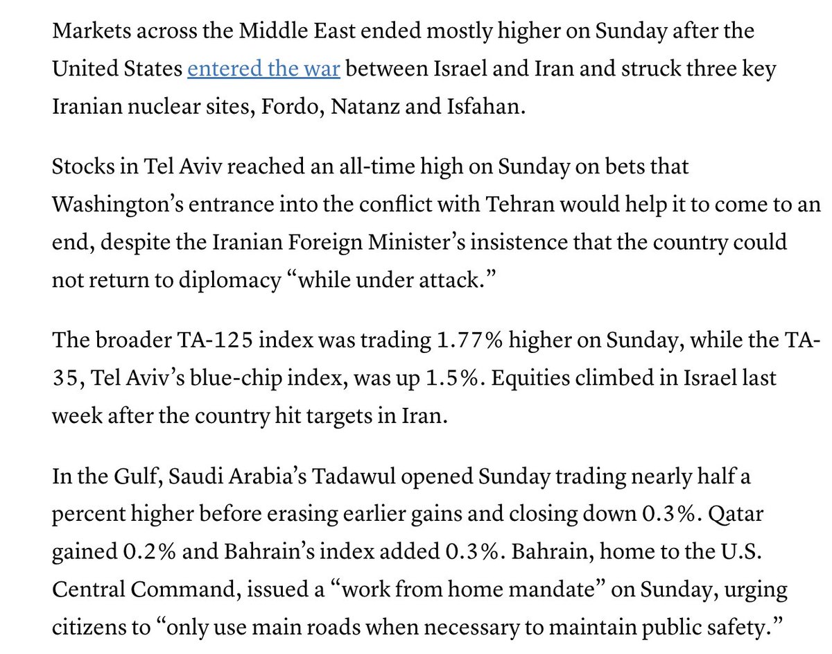 Panic among fintwits, meanwhile the Middle-Eastern markets🟢.

#USattackIran 
#IranIsraelConflict