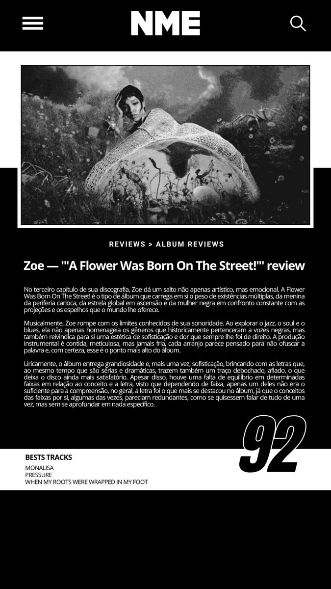Review of Zoe, 'A FLOWER WAS BORN ON THE STREET!', by NME.

92/100

📝| Written by Bludarques