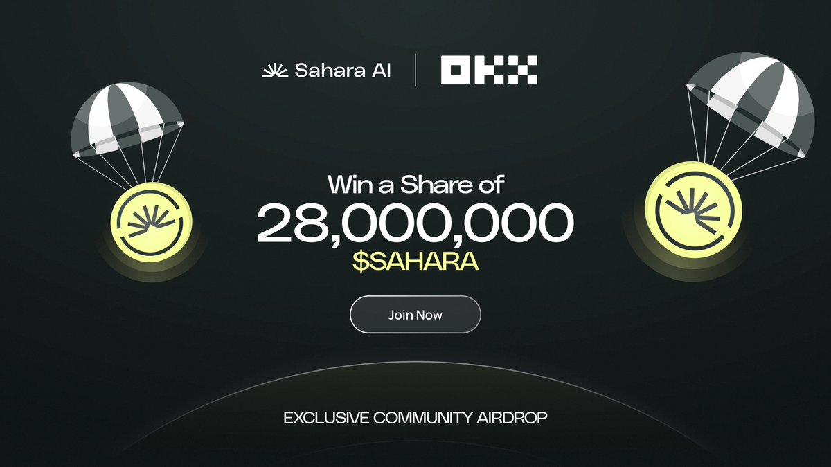 SaharaAI_web3's tweet image. 🚨 TGE. It’s happening 🚨

 We’re partnering with Okx to launch an exclusive $SAHARA airdrop — 28,000,000 tokens across two reward pools 🪂

🔗saharalabs.ai-event.cc/home

#Sahara #SaharaLabsAI #SaharaAI #SAHARAlistBitget  #OKXWallet #BinanceAlpha #Coinbase #Upbit #BybitListing