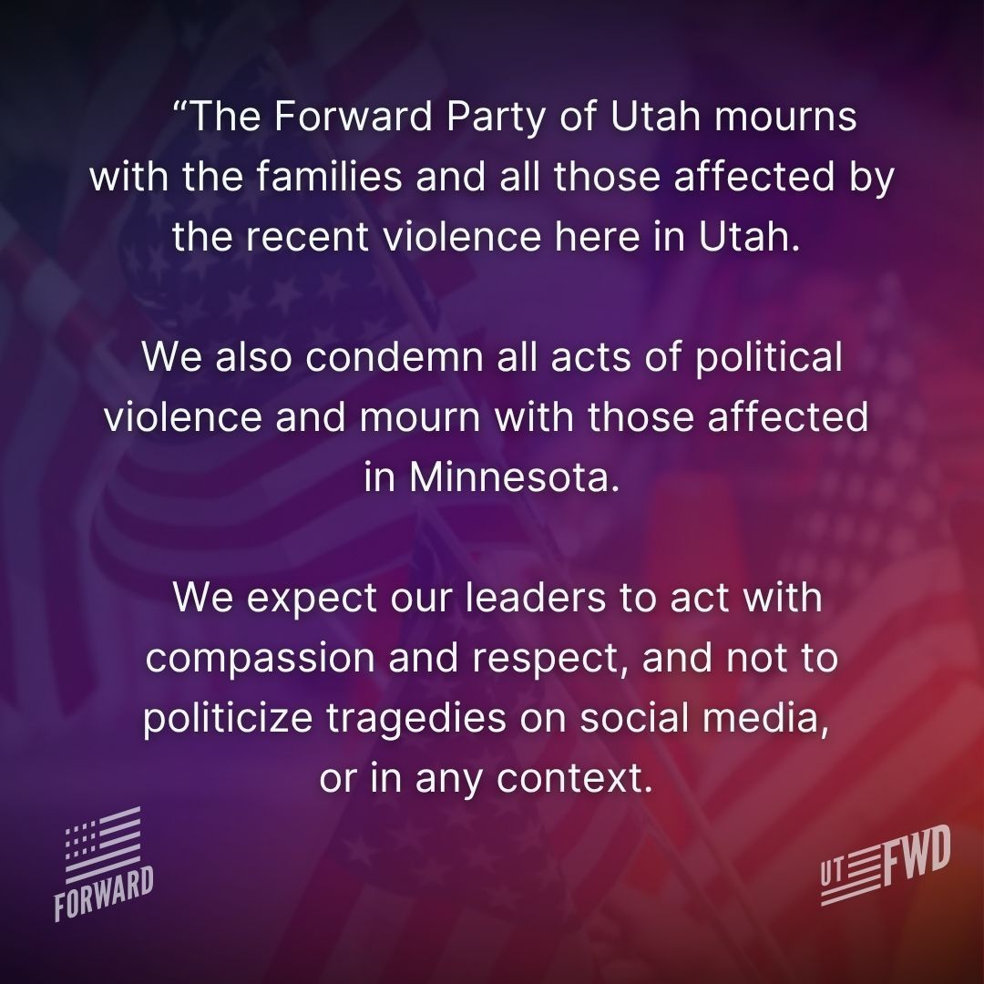 FWDUtah's tweet image. A statement on the recent political violence from Michelle Quist, Chair, Forward Party of Utah
