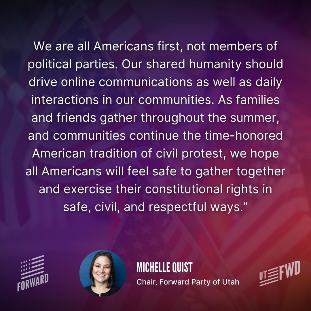 FWDUtah's tweet image. A statement on the recent political violence from Michelle Quist, Chair, Forward Party of Utah