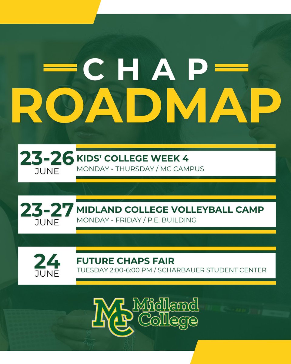 Here’s what’s coming up at MC this week:
☀️ Kids’ College kicks off week 4
🏐 Volleyball Camp is serving up the fun
🎓 Future Chaps Fair is Tuesday — come meet your MC fam and get college ready!

Full calendar’s just a tap away ☀️ midland.edu/calendar/