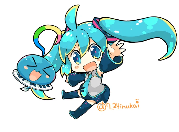 【#犬飼さんの毎日ミニキャラ】 「初音ミクぐらふぃコレクション謎の音楽すい星」( のメモリアル本(個人的に作りました)の表紙イラストのミニキャラです。 #ミクコレありがとう! ▼ミクコレメモリアル本