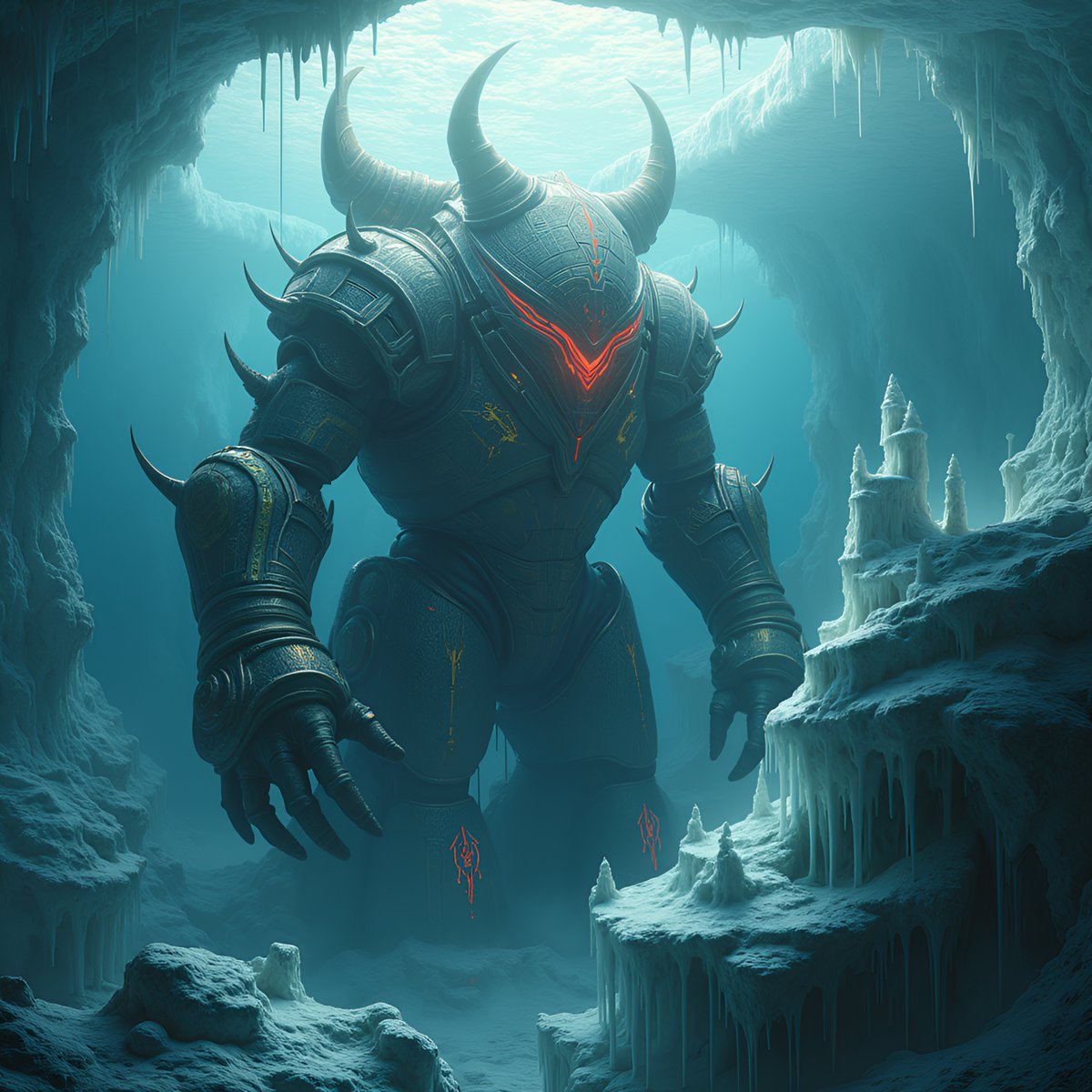 PromptSin's tweet photo. A menacing armored creature with glowing red eyes in an icy cave 🧊⚔️ #FantasyBeast #IceWorld https://t.co/RCskPQF6XK