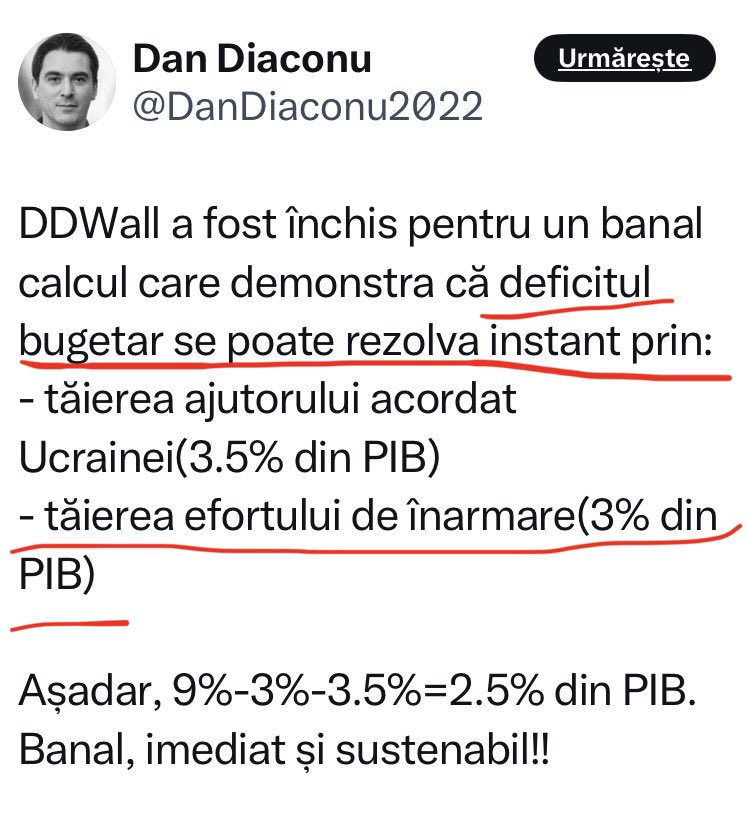 S.P. 🇷🇴 (@petrescusandu) on Twitter photo Un om bun sau mai mulți oameni buni, intitulat(i) <a href="/DanDiaconu2022/">Dan Diaconu</a>, e fiert pe rezolvarea problemelor economice ale României la fel de mult pe cât de mult iubește Rusia și pe tătuc. De asta ne sfătuiește că ar fi cazul să nu mai avem buget de Apărare, că nu prea ne trebuie. Un om bun sau mai mulți oameni buni, intitulat(i) <a href="/DanDiaconu2022/">Dan Diaconu</a>, e fiert pe rezolvarea problemelor economice ale României la fel de mult pe cât de mult iubește Rusia și pe tătuc. De asta ne sfătuiește că ar fi cazul să nu mai avem buget de Apărare, că nu prea ne trebuie.