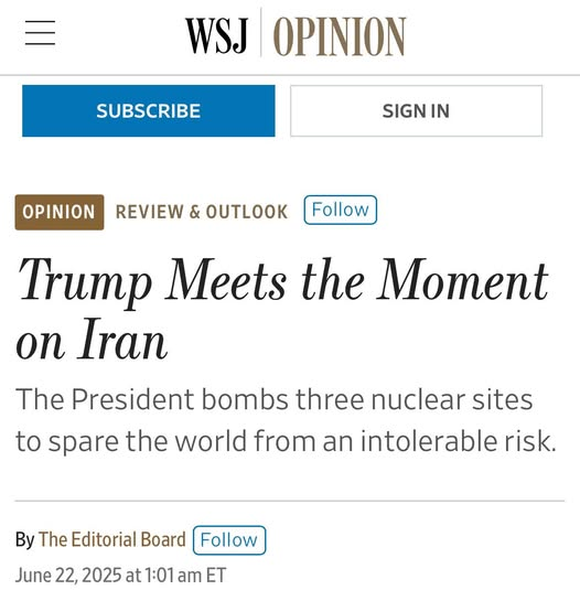 Bom resumo do WSJ sobre a ação americana ontem, no Iran. De fato, o mundo amanheceu hoje um lugar menos perigoso para se viver. 

Trump enfrenta o momento no Iran
Por WSJ

“A decisão do presidente Trump de atacar as três instalações nucleares mais importantes do Irã no sábado
