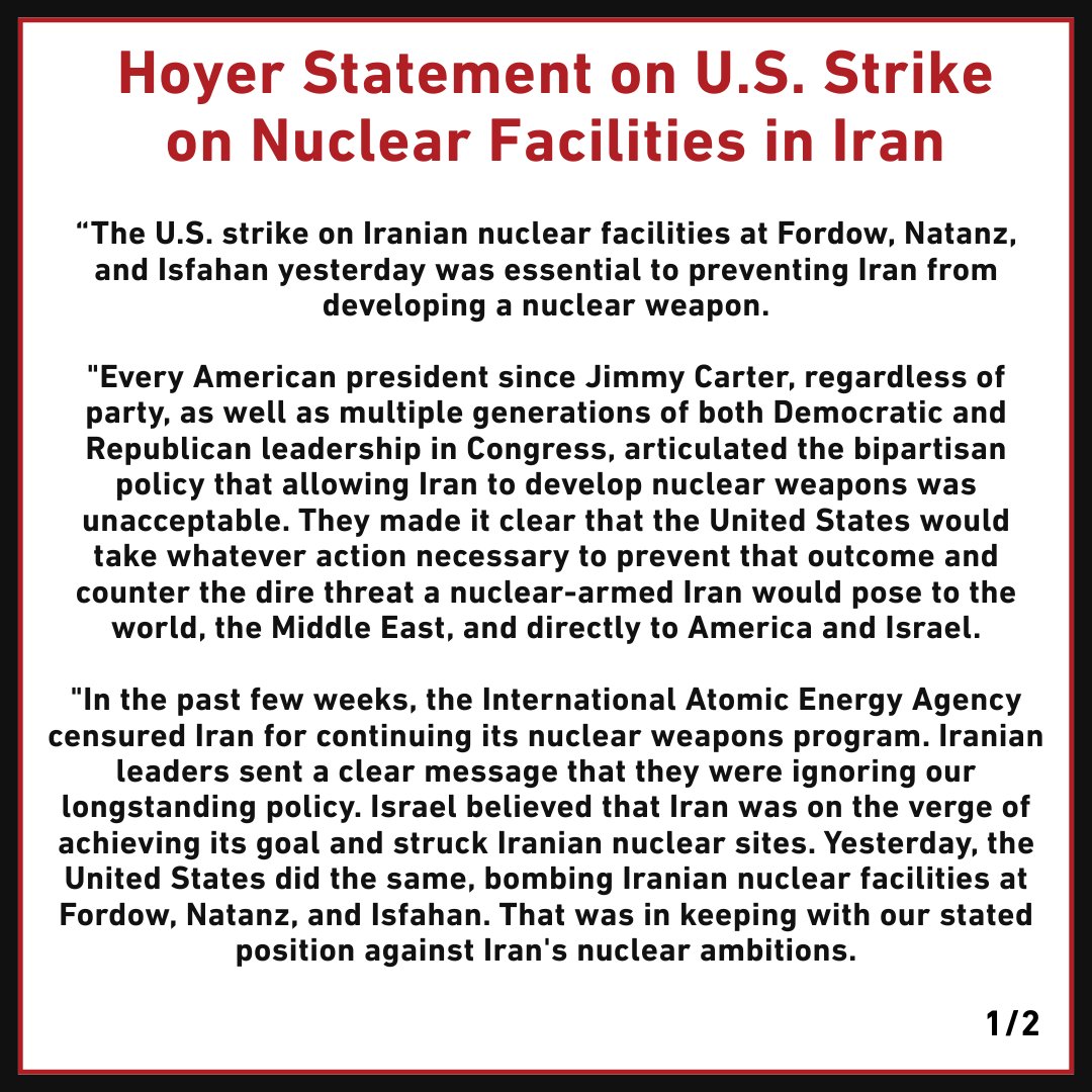 RepStenyHoyer's tweet photo. My full statement regarding the U.S. strike on nuclear facilities in Iran:

https://t.co/D1MhuGM9N0 https://t.co/HaQ1xR5Ub2