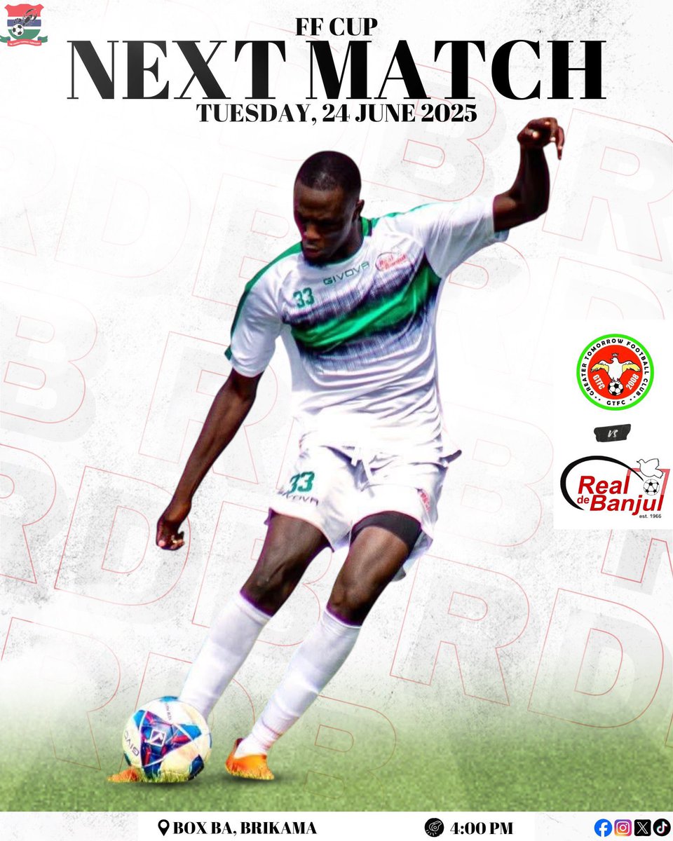 RealDeBanjulFC's tweet photo. ππππ πππππ: The Champions will face Greater Tomorrow FC in the FF Cup Semi-Final as they shift attention to the cup after recently clinching the league for a record three successive years π€πͺπ½!
#rdb #ffcup #boxbar #real4real #cityboys #realdebanjul https://t.co/MliJaUCrDB