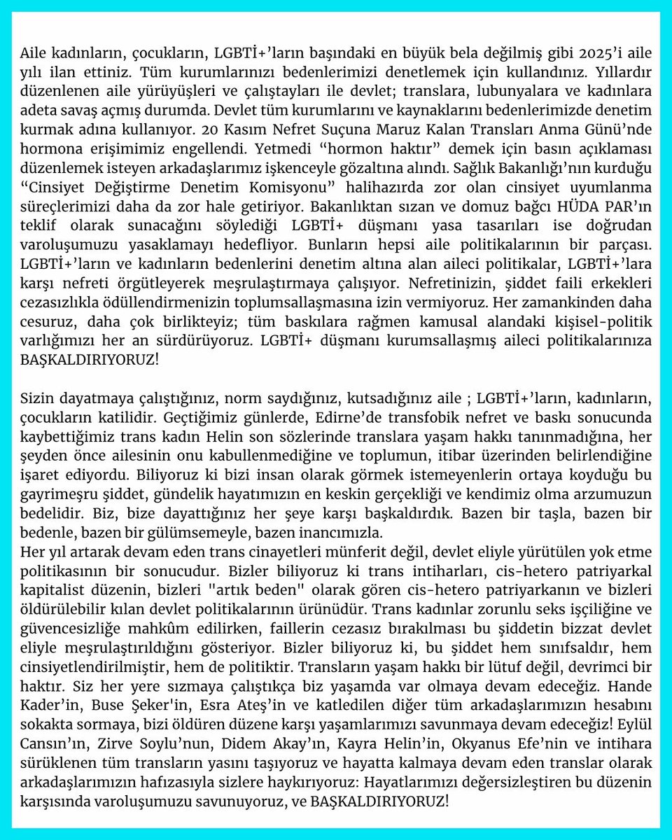 tprideistanbul's tweet photo. Basına ve Kamuoyuna 

11. Trans+ Onur Yürüyüşü’nü “Başkaldırı” temasıyla Kadıköy’de gerçekleştiriyoruz. Varlığımızı, hafızamızı, birbirimize olan inancımızı büyütmek için buradayız.
#TranslarYürüyor https://t.co/PjfZnx74rw
