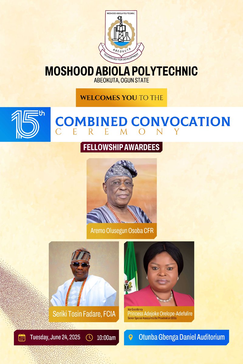 MAPOLYinfo's tweet image. All is Set for the 15th Combined Convocation Ceremony of Moshood Abiola Polytechnic, Abeokuta @MAPOLYinfo.

Celebration of Academic Excellence, Rewarding Dedication!!!

#mapolyconvocation