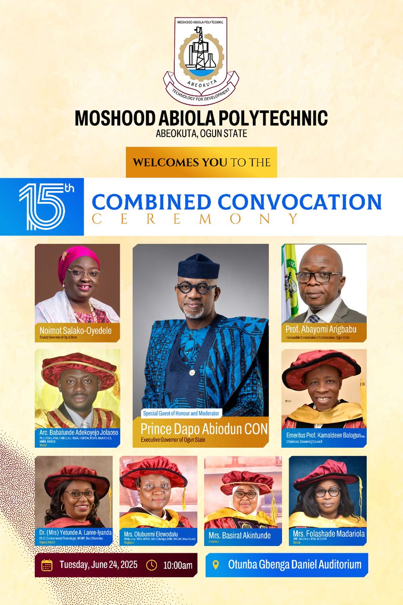 MAPOLYinfo's tweet image. All is Set for the 15th Combined Convocation Ceremony of Moshood Abiola Polytechnic, Abeokuta @MAPOLYinfo.

Celebration of Academic Excellence, Rewarding Dedication!!!

#mapolyconvocation