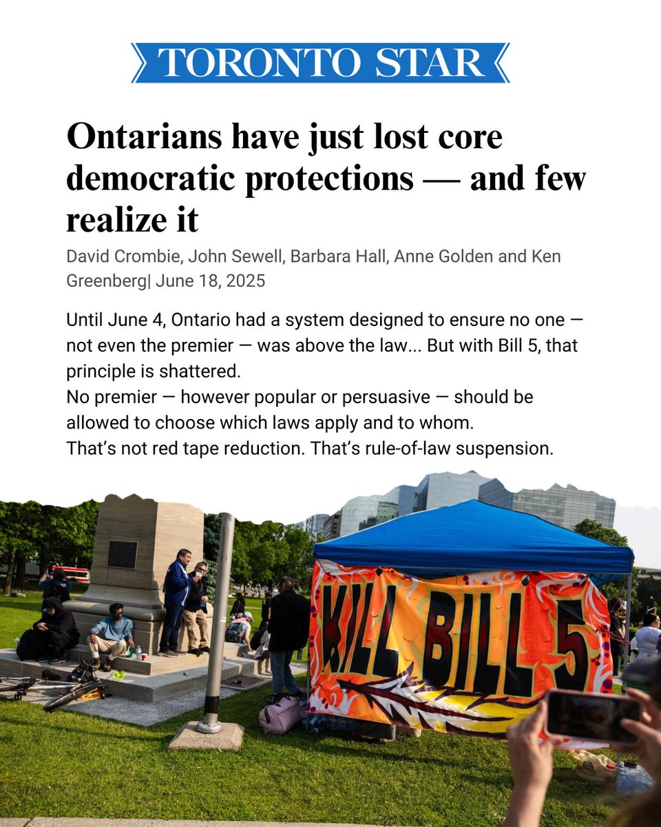 Like the @ONDP, these former mayors are demanding that the Ford Government repeal Bill 5.  "Bill 5 echoes tactics associated with Trumpism — the centralization of authority, the bypassing of laws and norms, and the creation of opaque zones of exception. These are not just