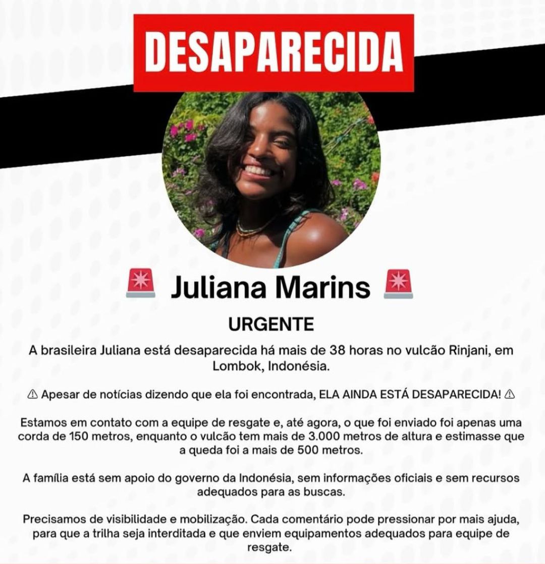 renatasouzario's tweet photo. A jovem brasileira, Juliana Marins, moradora de Niterói no Rio de Janeiro, sofreu uma queda de aproximadamente 300 metros durante uma trilha no vulcão Rinjani, na Indonésia. Juliana está consciente, mas debilitada, aguardando o resgate há mais de 30 horas sem respostas das autoridades da Indonésia.