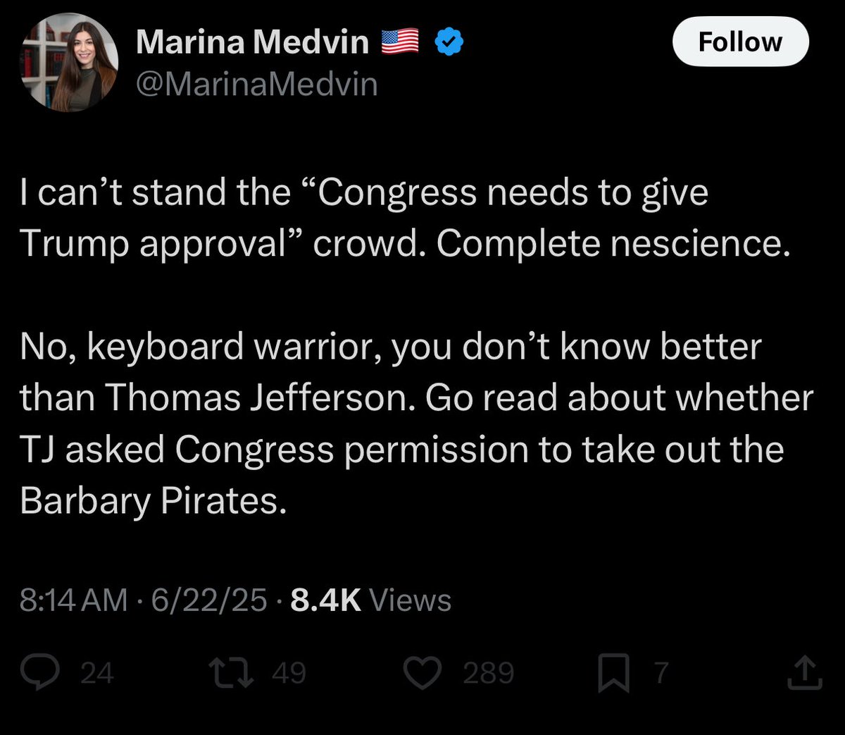 TRHLofficial's tweet photo. Since I’m blocked by whoever this very pretty, but not very bright woman is, I’ll explain 8 ways the Barbary pirates are not Iran. Who on earth is telling you guys to use this talking point? Stop it. It’s embarrassing.
First, unlike Iran, the Barbary pirates had initiated force on America, capturing sailors, and holding them for ransom.
Second, unlike Iran, Tripoli had declared war on America when Jefferson entered office in 1801, because they weren’t happy with America’s lack of “paying them tribute.” (Extortion/coersion)
Third, unlike Iran, this was dealt with in international Waters
Fourth, unlike Iran, Congress used the constitutional provision to “provide the common defense” in this case (see source documents).
Fifth, this was one of the cases that helped outline the war powers act.
Sixth it took 14 years and James Madison following up, but Tributes were abolished.
Seventh, unlike, Iraq, Afghanistan, Libya, Yemen, Somalia, and Pakistan this was all defensive. Thomas Jefferson and James Madison didn’t regime change the Barbary Pirates, decimate their land, starve their people, let them invade our country after, bankrupt America, change nothing, and leave them worse often than they were before.
Eighth, abolish public school.