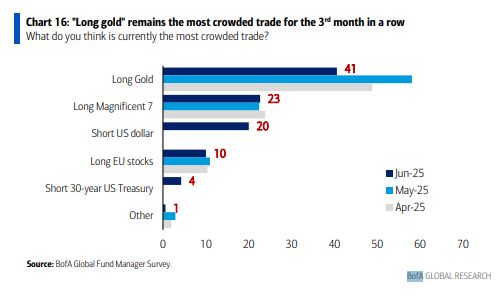 BobEUnlimited's tweet photo. Love how all these active managers say long gold is the most crowded trade each month and yet none of them hold it and instead are up to their eyeballs in equity risk. https://t.co/X7X5FttQZk