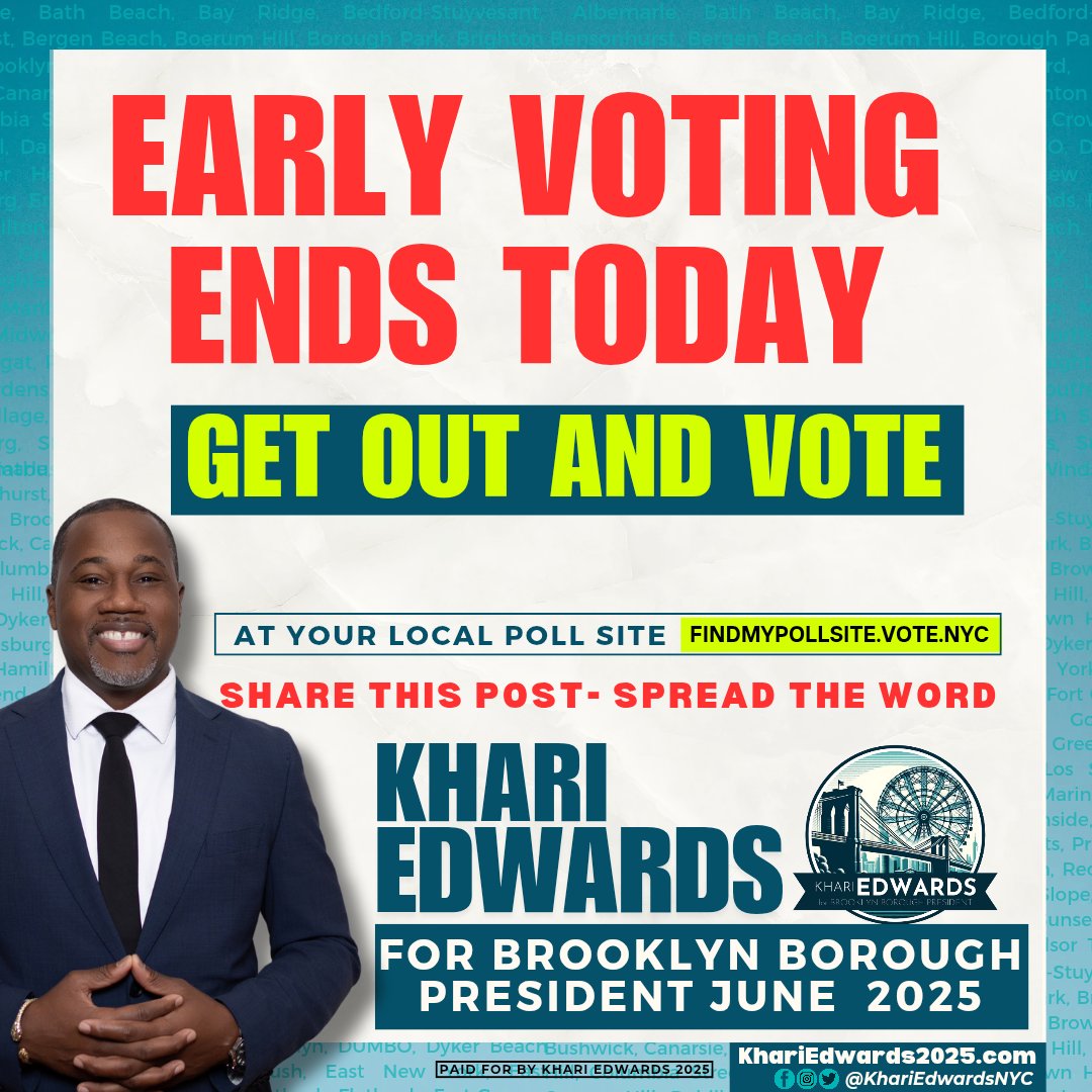 EARLY VOTING ENDS TODAY! 🗳️
Let’s show up for Brooklyn and make our voices heard.
📍 Find your poll site: findmypollsite.vote.nyc
Vote Khari Edwards for Borough President.
#BrooklynVested #KhariEdwards2025 #VoteLocal