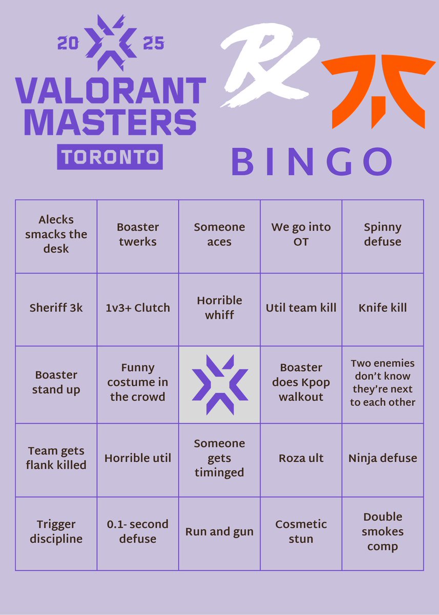 Made a little bingo card for <a href="/ValorantEsports/">VALORANT Champions Tour</a> Masters Toronto Grand Finals! 

Feel free to use ❤️

Such a fun matchup <a href="/pprxteam/">Paper Rex</a> &amp; <a href="/FNATIC/">FNATIC</a> 

#VALORANTMasters #prx #fnatic