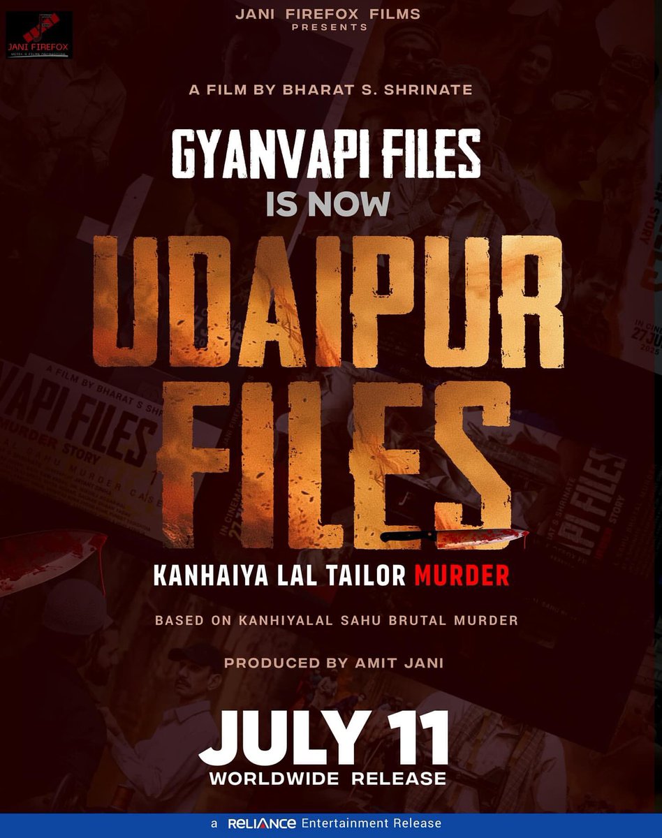 suyashpachauri's tweet photo. #GyanvapiFiles is now #UdaipurFiles
Witness the story that needs to be told!
#UdaipurFiles: A Tailor’s Murder Story.
In cinemas 11th July!
#GyanvapiFiles #Gyanvapi #GyanvapiCase #Trailor #MurderCase #KanhaiyaLalSahu #BrutalMurderCase
#VijayRaj #SuyashPachauri https://t.co/48c49yAxKj