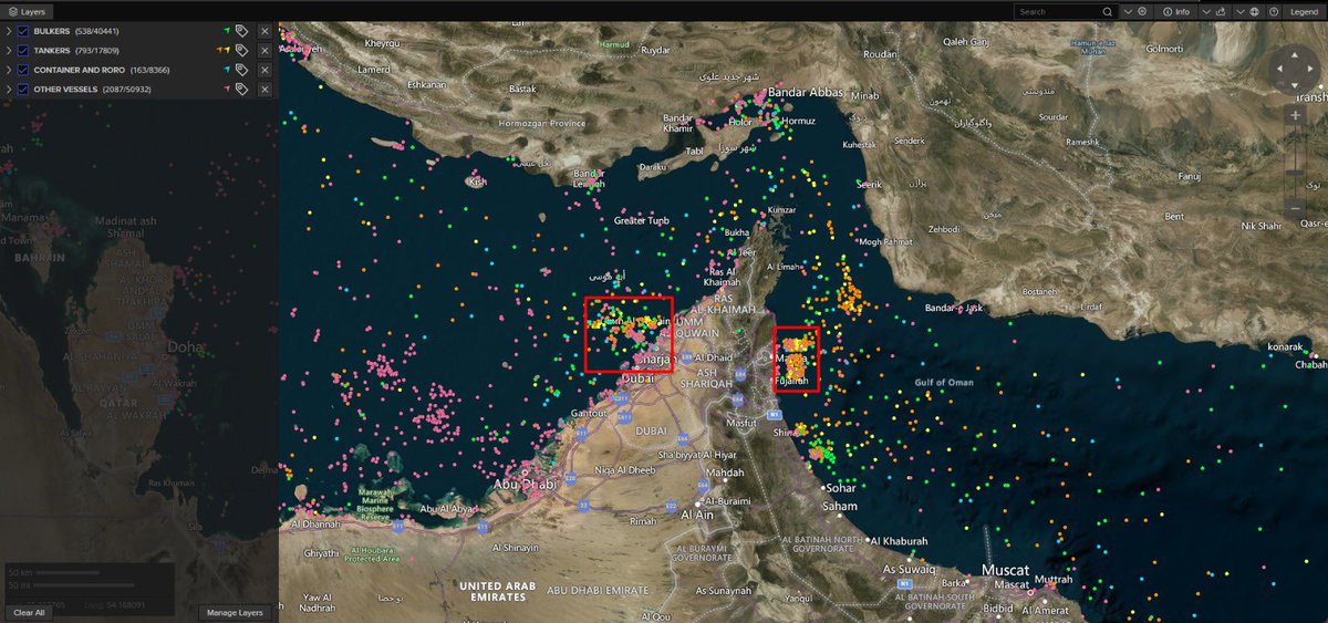 Estreito de Hormuz

#petróleo 

Algum congestionamento já nos principais portos próximos. Pelo que olhei aqui rápido a maior parte desses navios são de bandeira estrangeira

Parece que o prêmio de risco aumentou bem, as seguradoras também já cobrando mais caro
