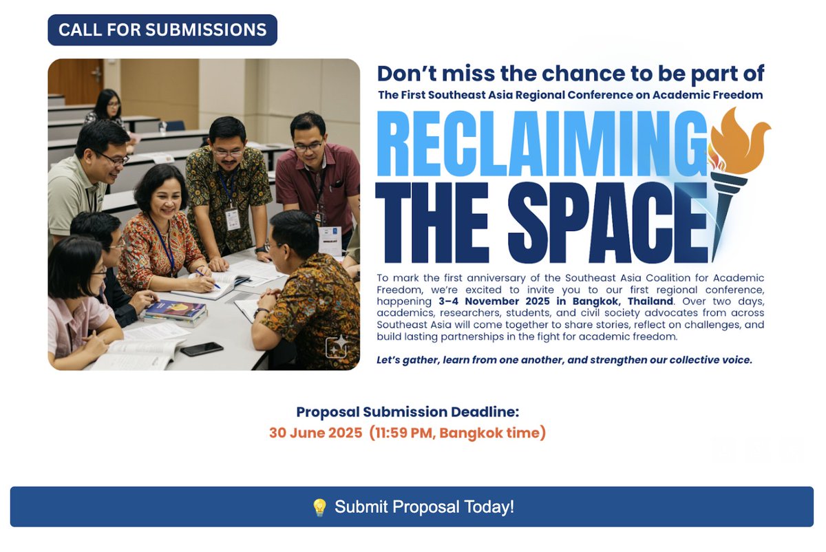 Submit your proposals through this link: seacaf.org/news/regionalc… #AcademicFreedom #SoutheastAsia #Conference