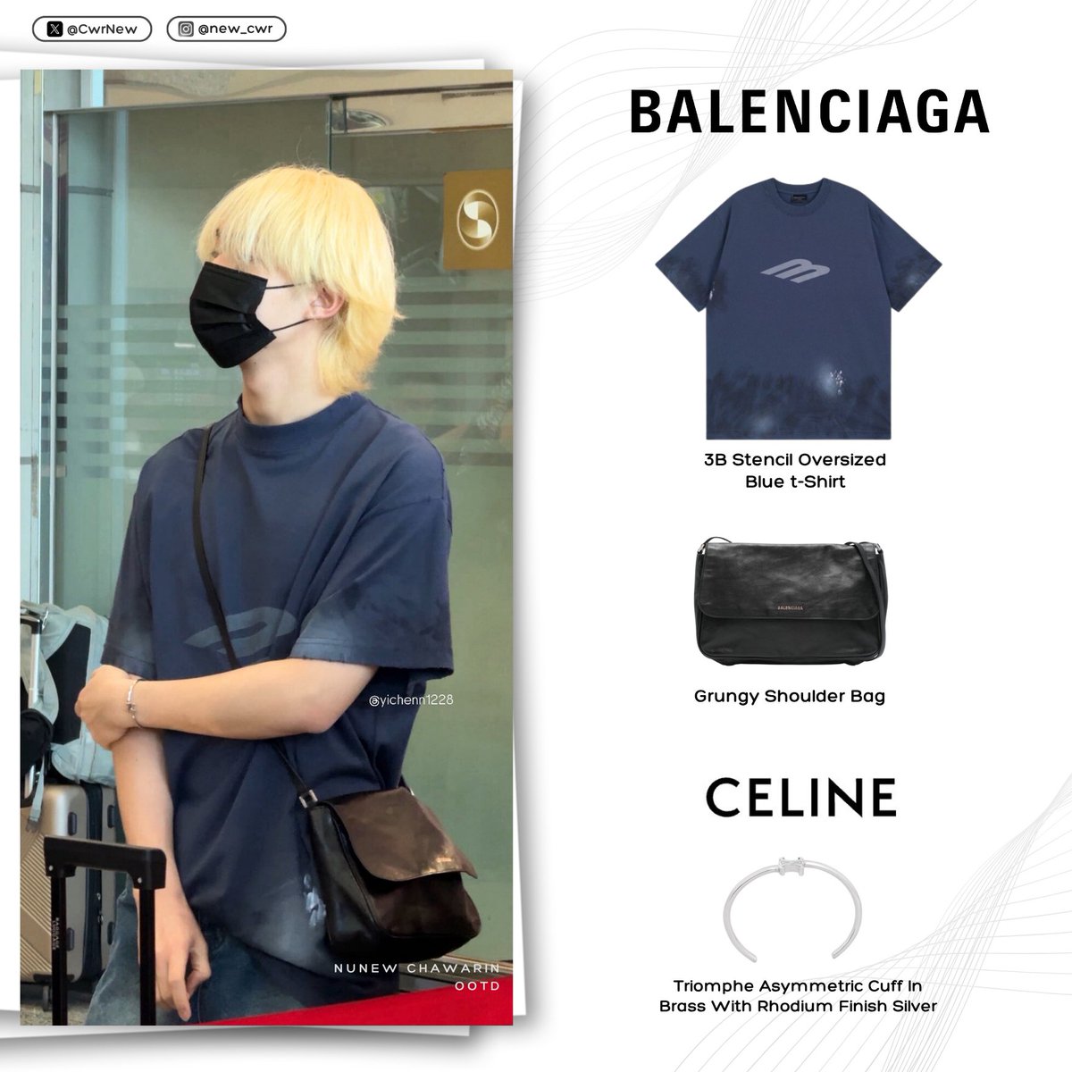 Airport Outfit 🛫 <a href="/CwrNew/">NuNew</a>
[#NuNewOOTD #NuNewStyle]

#Balenciaga
👕3B Stencil Oversized Blue T-Shirt
👜Grungy Shoulder Bag

<a href="/celineofficial/">CELINE</a> #Celine 
✨️Triomphe Asymmetric Cuff In Brass

DREAM CATCHER In KHH
#NuNew1stConInKaohsiung
#NuNew #นุนิว #NanaNu