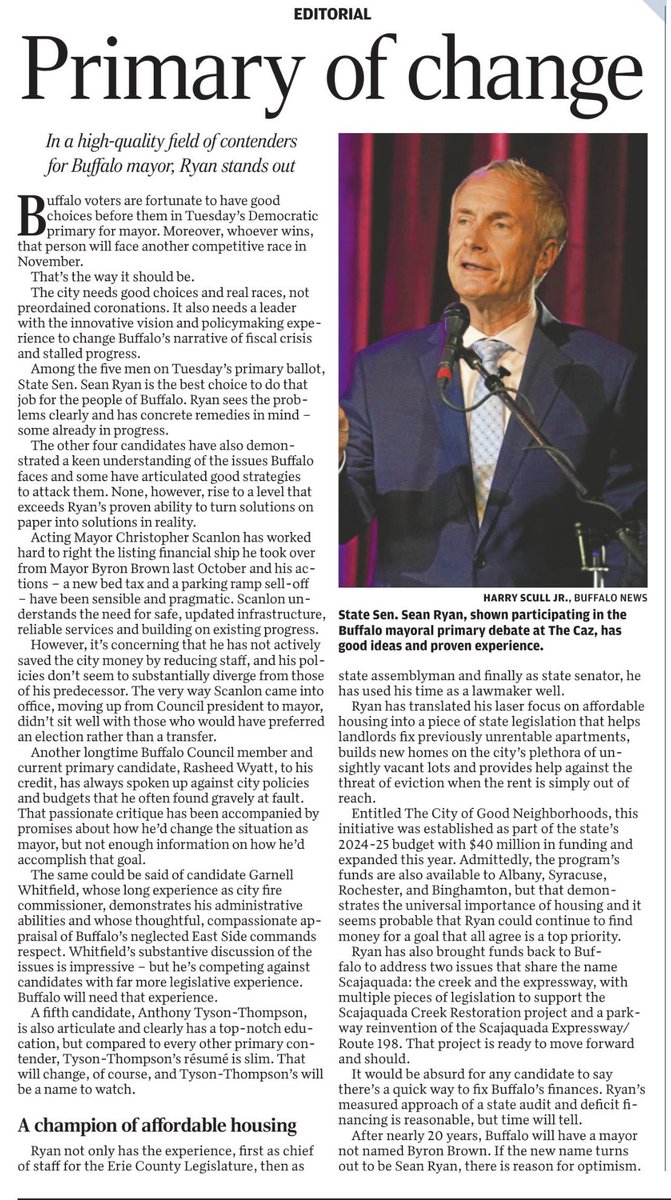 ZellnerforECDC's tweet image. 🚨 The @TheBuffaloNews strongly endorses @RyanforBuffalo