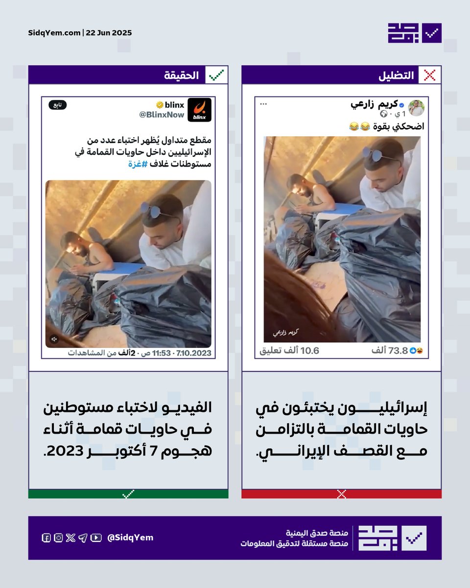 ❌ التضليل: إسرائيليون يختبئون في حاويات القمامة بالتزامن مع القصف الإيراني.

✅ الحقيقة: الفيديو لاختباء مستوطنين إسرائيليين داخل حاويات قمامة في إحدى مستوطنات غلاف غزة٬ وذلك أثناء هجوم 7 أكتوبر 2023.

#منصة_صدق_اليمنية