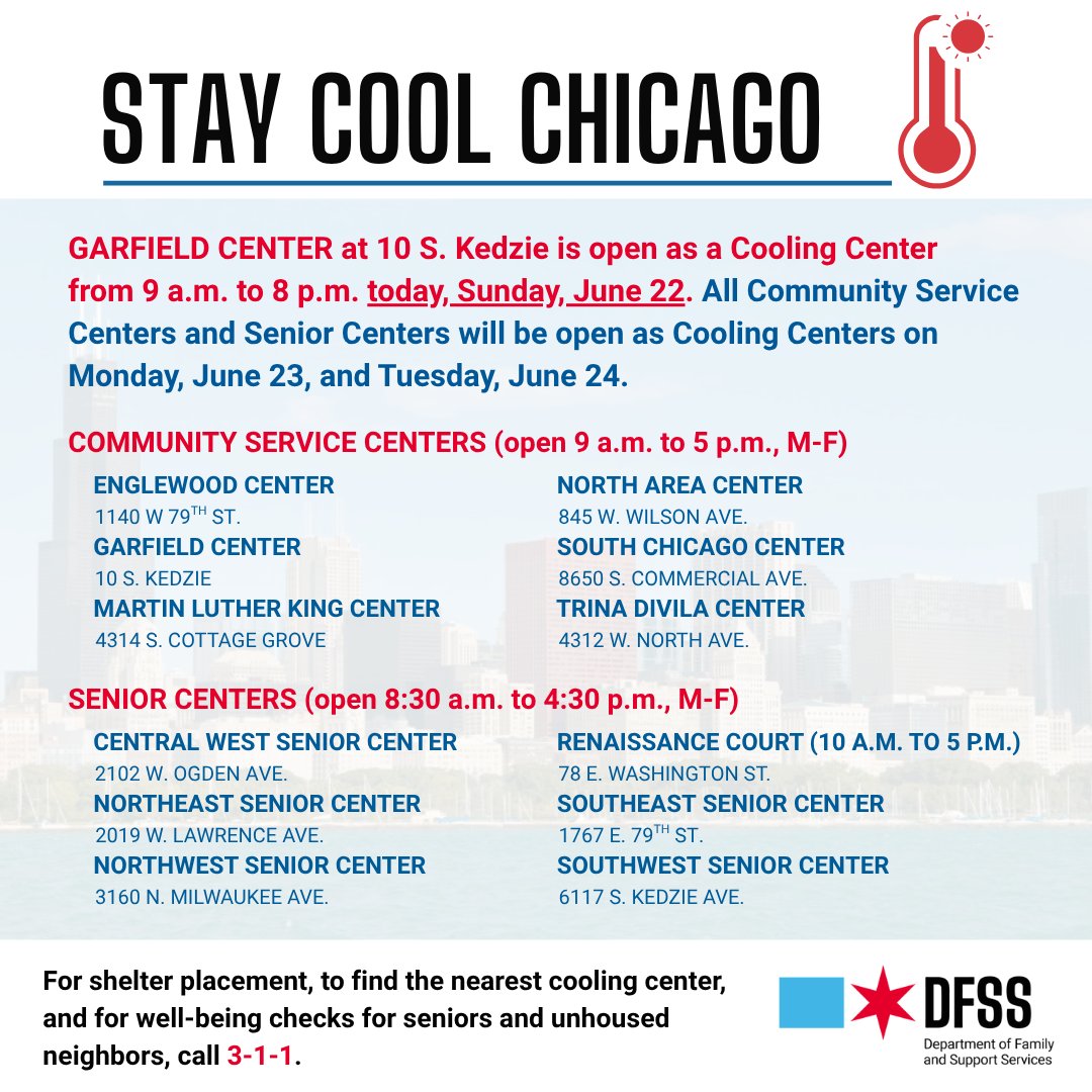 ChiFamSupport's tweet image. Stay cool! Garfield Community Service Center is open today from 9 a.m. to 8 p.m., and all Community Service Centers and Senior Centers will be open as Cooling Centers on Monday and Tuesday.
Plenty of other options, too!
Find a Cooling Center: data.cityofchicago.org/.../Cooling...….