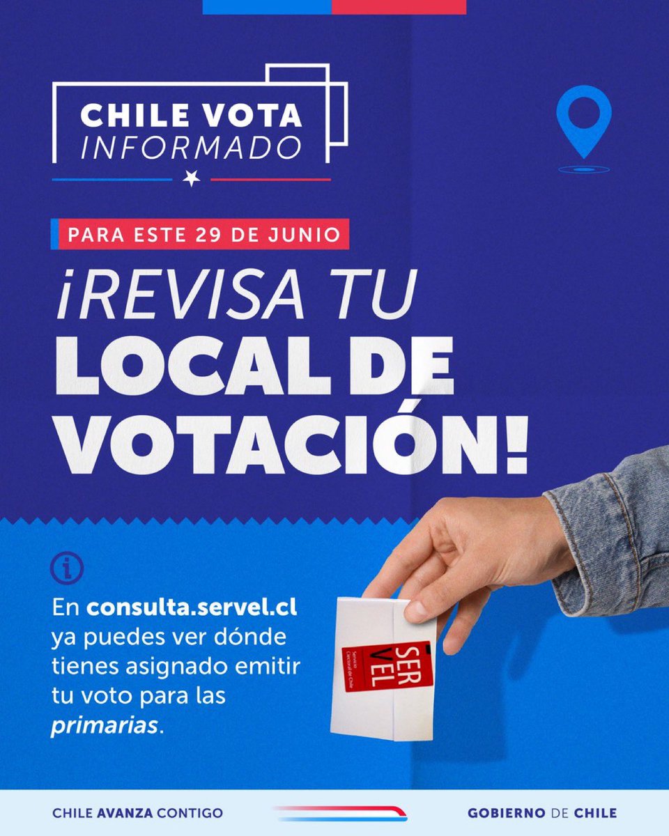 Este domingo 29 de junio son las Primarias Presidenciales 🗳️.

Conoce más información en 👉🏻 chilevotainformado.cl