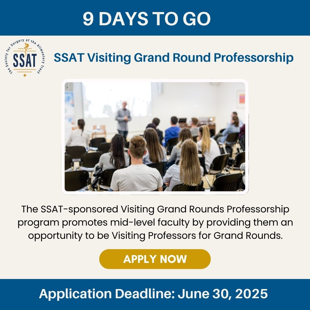 Apply for the SSAT Visiting Grand Rounds Professorship, a unique opportunity for mid-level faculty to serve as Visiting Professors and share their expertise at Grand Rounds.
Apply Now – ssat.com/awards/Visitin…
🗓 Deadline: June 30, 2025

#SSATLeadership #SurgicalEducation
