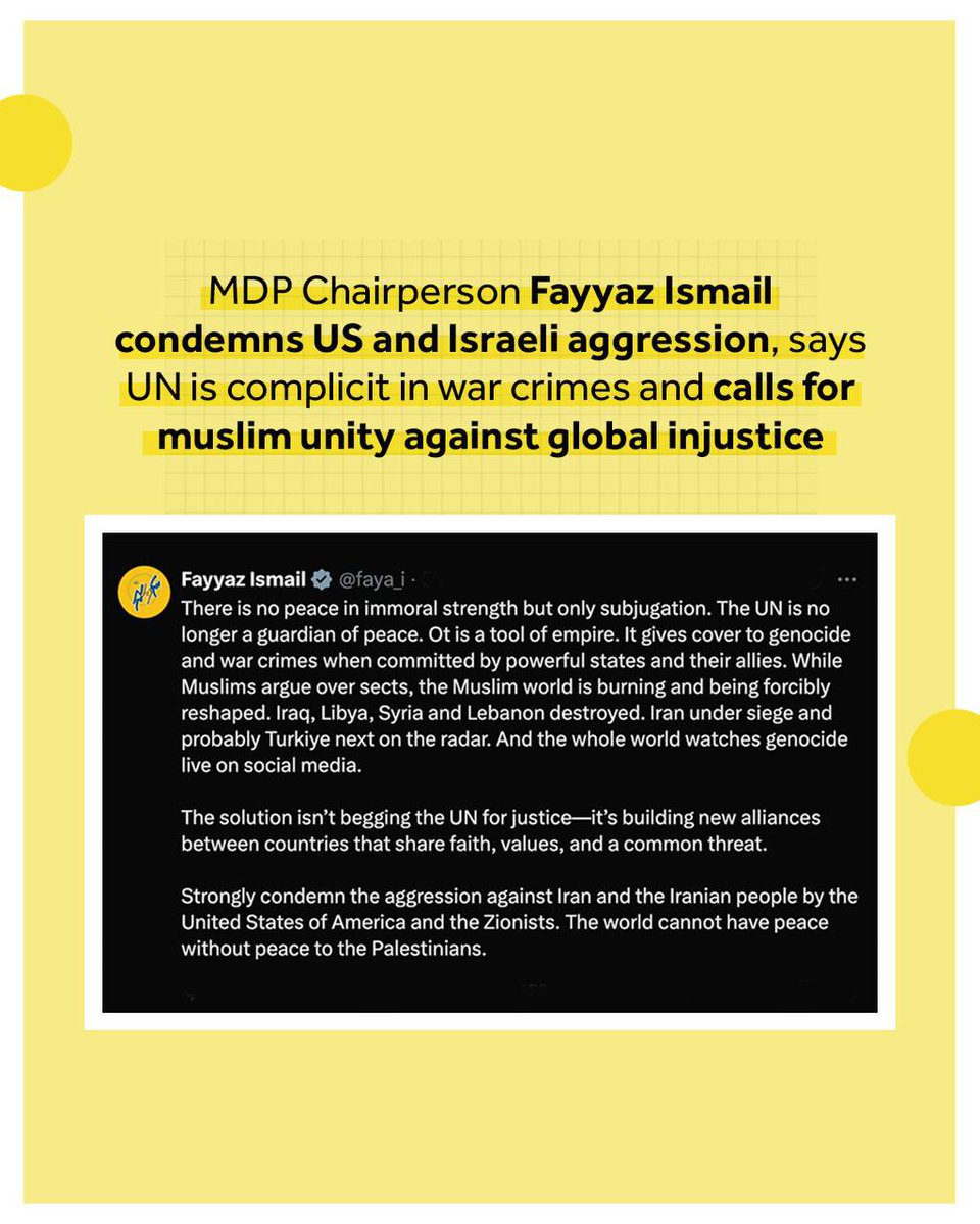 Hussain Shafiu (@charly_thuthu) on Twitter photo MDP Chairperson <a href="/faya_i/">Fayyaz Ismail</a> condemns US and Israeli aggression, says UN is complicit in war crimes and calls for muslim unity against global injustice. MDP Chairperson <a href="/faya_i/">Fayyaz Ismail</a> condemns US and Israeli aggression, says UN is complicit in war crimes and calls for muslim unity against global injustice.