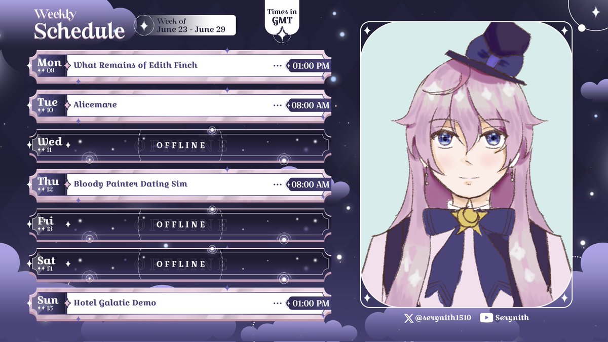 Here's come our schedule in next week! We will dive into the world of story and try out Hotel Galatic Demo 💫

Schedule by @/nekodanid 

#Vtuber #ENVtuber #Vtubers #pngtuber