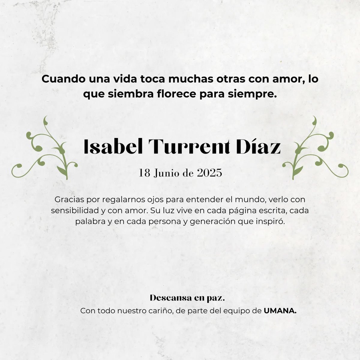 Cuando sembramos en muchos corazones, nuestro jardín se llena de flores, aunque ya no estemos en este plano.  Descansa <a href="/IsabelTurrent/">IsabelTurrent 🇺🇦🇮🇱🇲🇽🇬🇧</a>.

Abrazo con cariño <a href="/EnriqueKrauze/">Enrique Krauze</a> <a href="/LeonKrauze/">León Krauze</a> <a href="/dkrauze/">Daniel Krauze</a>