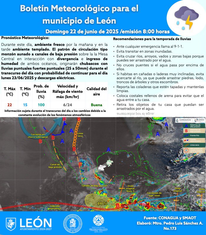 🌤️ Pronóstico del clima en León – 22 de junio del 2025
🔹 Temperatura: Entre 15°C y 22°C
🔹 Lluvias: 100%

📌 Recomendaciones de la SSPPCL:
🌞☔ Lleva paraguas o impermeable
🚘 Conduce con precaución
📲 Infórmate por nuestros canales oficiales