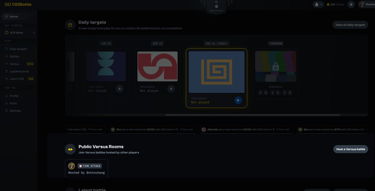 css_battle's tweet photo. Players! Some new features launched in "Versus" battles:
📢 Public battles - Mark a Versus battle public and anyone can join it!
💬 In-game chat - you can now chat with you opponents as well as send across some fun taunts 😆 https://t.co/tePVKdyatx
