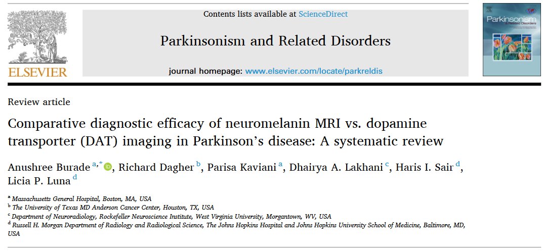 Johns Hopkins Neuroradiology (@hopkinsneurorad) on Twitter photo This systematic review highlights the complementary roles for neuromelanin MRI and dopamine transporter SPECT/PET in the diagnosis and monitoring of Parkinson's disease.
doi.org/10.1016/j.park… <a href="/Anuburade29/">Anushree Burade, MBBS</a> <a href="/RichardDagher_/">Richard Dagher</a> <a href="/parisa_kaviani/">Parisa Kaviani,MD</a> <a href="/dhairyalakhani/">Dhairya A. Lakhani, MD</a> <a href="/hsairmd/">Haris Sair</a> <a href="/liciapluna/">Licia P. Luna, MD, PhD</a> This systematic review highlights the complementary roles for neuromelanin MRI and dopamine transporter SPECT/PET in the diagnosis and monitoring of Parkinson's disease.
doi.org/10.1016/j.park… <a href="/Anuburade29/">Anushree Burade, MBBS</a> <a href="/RichardDagher_/">Richard Dagher</a> <a href="/parisa_kaviani/">Parisa Kaviani,MD</a> <a href="/dhairyalakhani/">Dhairya A. Lakhani, MD</a> <a href="/hsairmd/">Haris Sair</a> <a href="/liciapluna/">Licia P. Luna, MD, PhD</a>