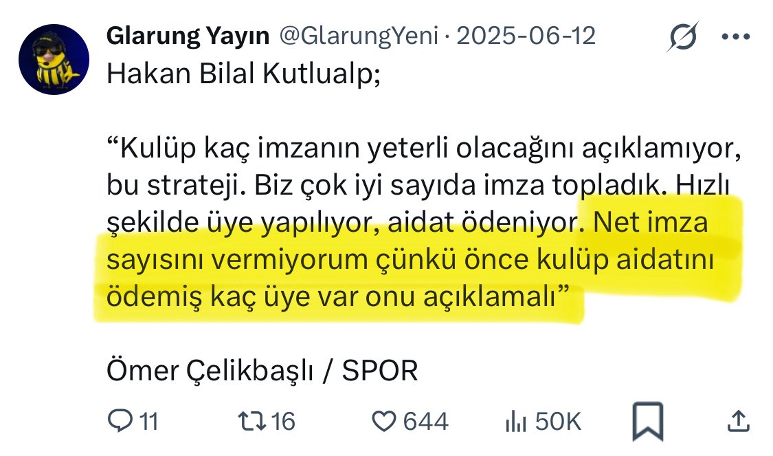 Bundan 10 gün önce 12 Haziran'da, Hakan Bilal Kutlualp "imza sayısını vermiyorum çünkü önce kulüp aidat ödemiş üye sayısını açıklamalı" dedi.

13 Haziran'da kulüp bunu açıkladı.

13 Haziran'dan beri 9 gün geçti ama Hakan Bilal Kutlualp hâlâ imza sayısını açıklamadı. Niye??? 🤔