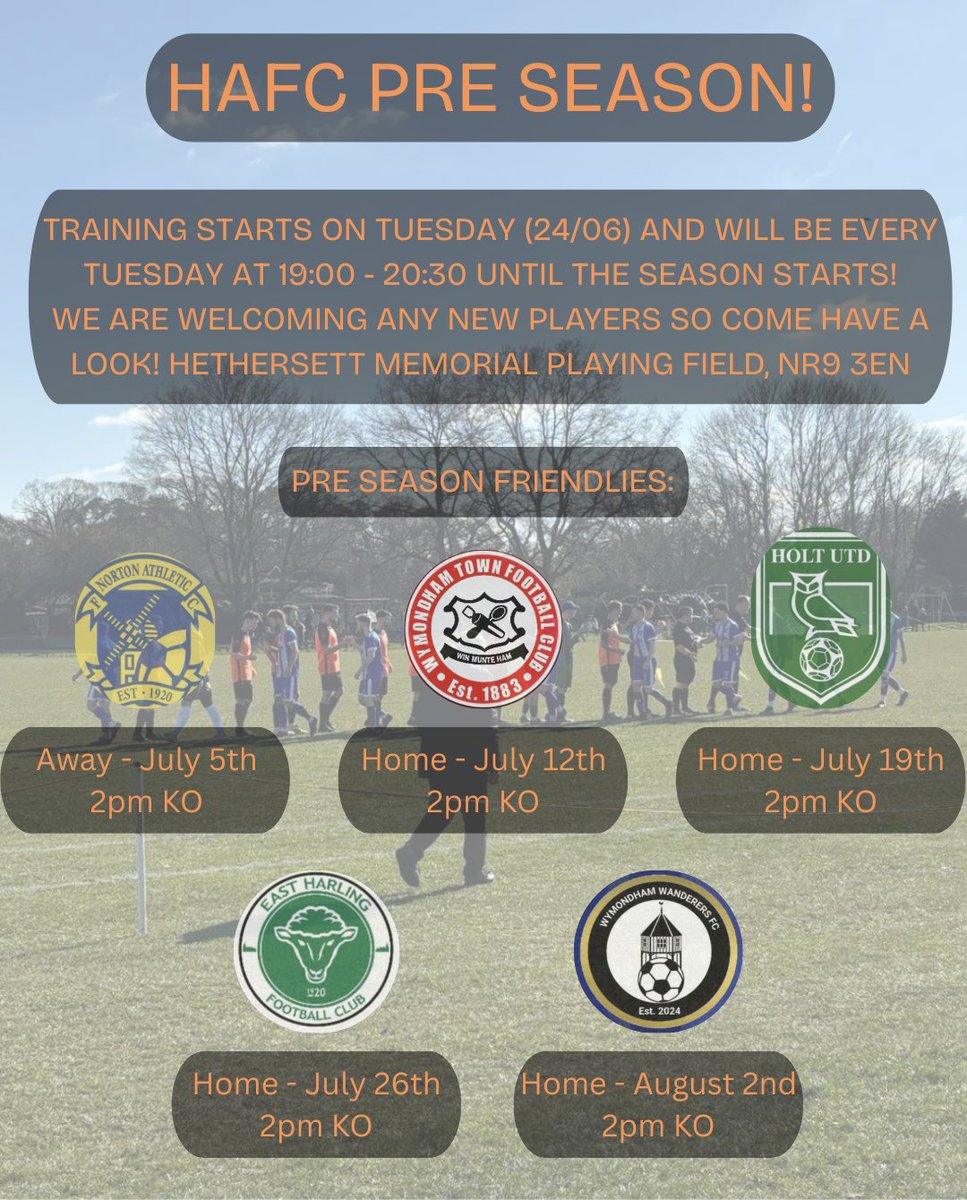 PRE SEASON TRAINING AND FRIENDLIES!

A little graphic with some detail about our pre season, starting in just a couple of days!

We hope to see some new faces join us on an exciting season ahead 👀 feel free to DM!

Ps, management update coming 🔜 

#UTT🍊 
<a href="/AnglianCom/">Fosters Solicitors Anglian Combination</a>
🧡🖤🧡🖤
