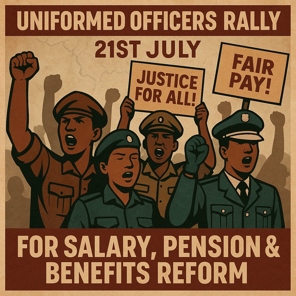 A SHIRYA - SAVE THE DATE - July 21

Police, customs, immigration, civil defence, prisons service, fire service, soldiers.

Albashi - Salary Reform
Fansho - Pension Justice
Welfare &amp; Benefits Upgrade