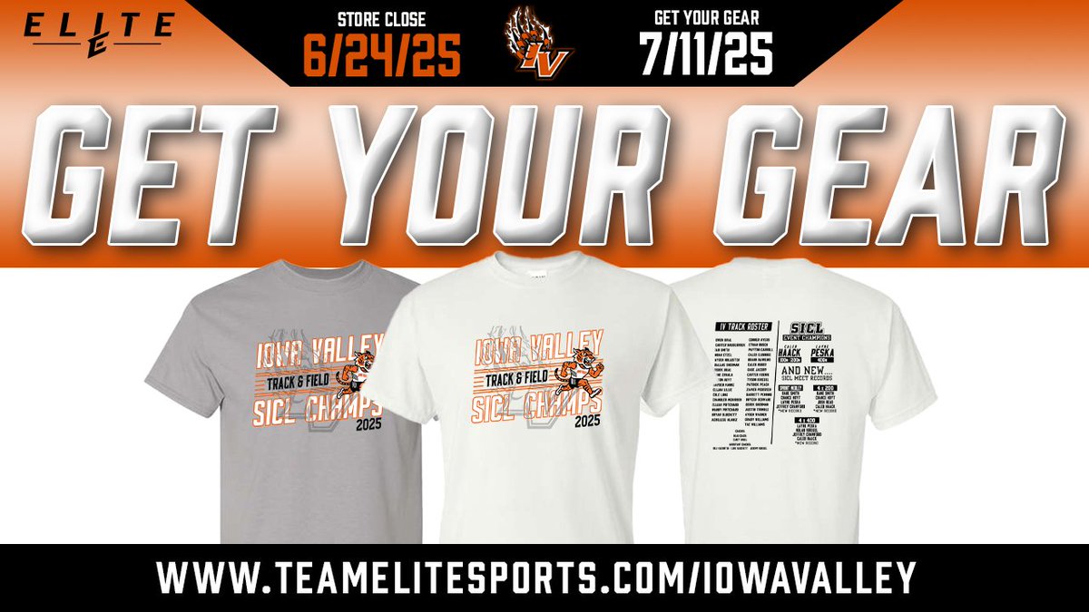 The Iowa Valley Boys Track SICL Champions Webstore closes soon—don’t miss your chance to snag some championship swag! 🖤🧡
🛍️ Order here: teamelitesports.com/IowaValley.html
🛑 Store Closes: Monday, June 24
✅ Orders Ready: July 11