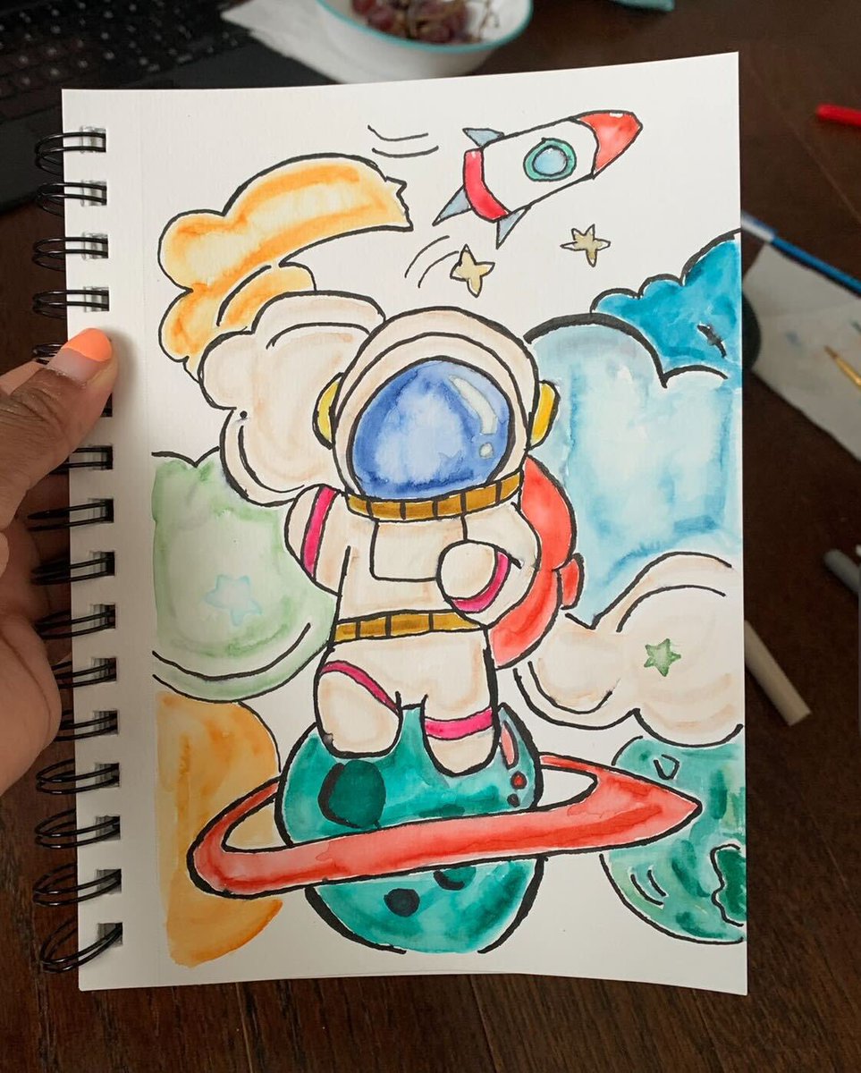 Black In Astro ™ (@blackinastro) on Twitter photo Special entry by our very own <a href="/CapricePhillips/">Dr. Caprice Phillips</a> - Watercolour of a astronaut with clouds, rocket and planets Special entry by our very own <a href="/CapricePhillips/">Dr. Caprice Phillips</a> - Watercolour of a astronaut with clouds, rocket and planets