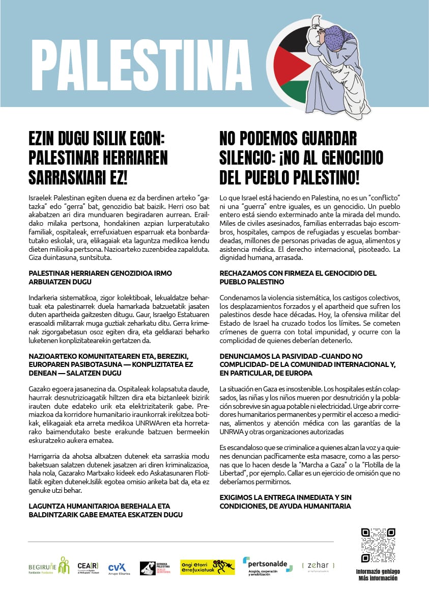 Palestinar herriaren sarraskiari ez !  
Ekainaren 26anan, 19:00etan, Eliptika plazan.  

#stopgenozidioa #PalestinaAskatu