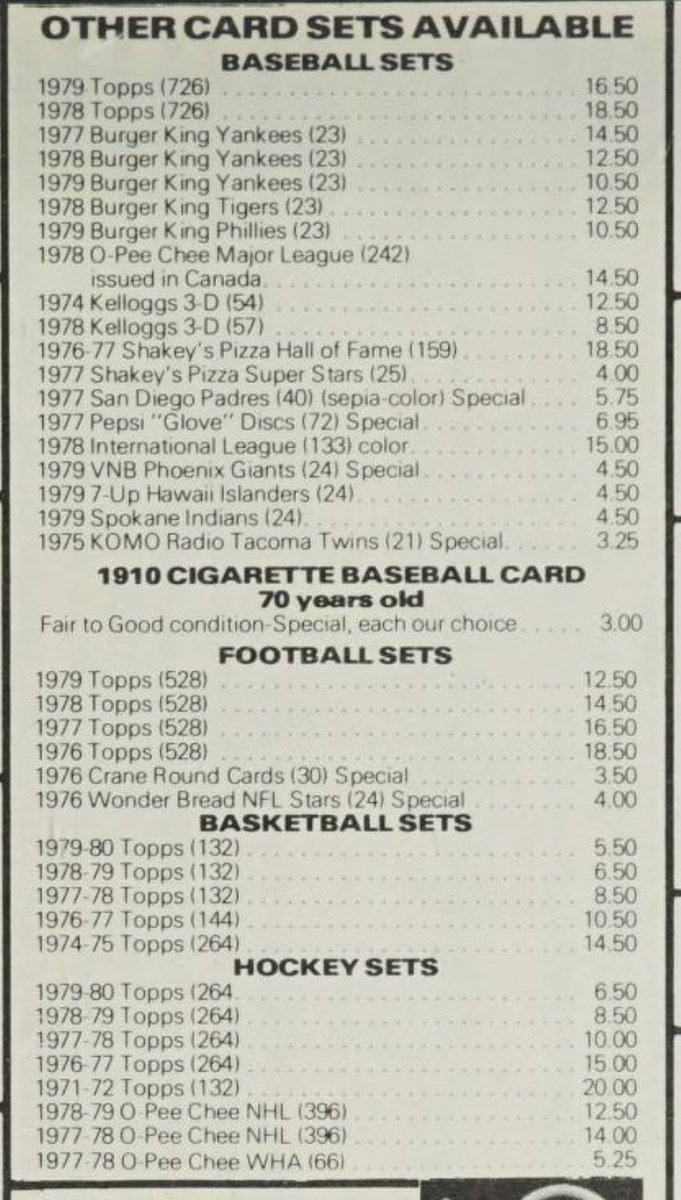 This ad was from the 1980 Sport Americana (Beckett) baseball card guide. $6.50 for 1979-80 Topps hockey? That's a lot of Gretzky for your $$$.