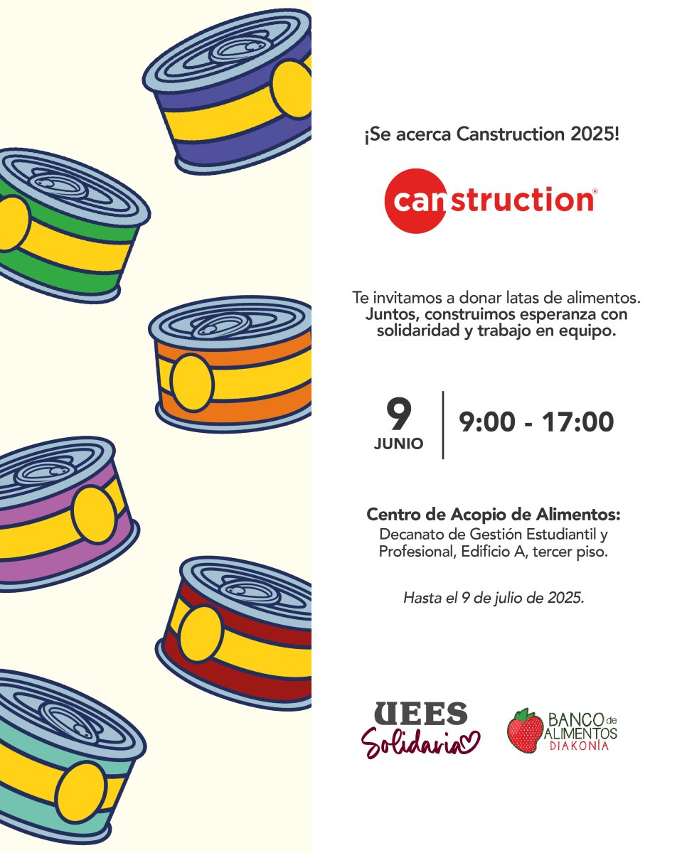 Vuelve #CanstructionUEES 2025 y necesitamos de ti para construir más que una escultura: queremos construir esperanza. 💛

📦 Dona latas de alimentos no perecibles y sé parte de esta causa que alimenta a más de 30 mil familias a través del Banco de Alimentos Diakonía.

📍Decanato
