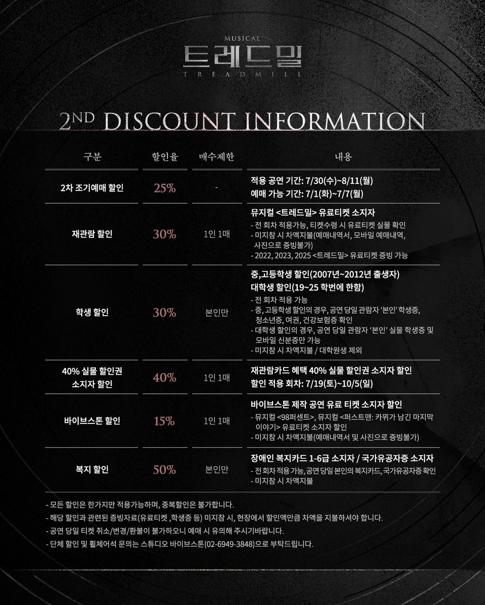 treadmill_A_B's tweet photo. [#트레드밀] 𝟐𝐧𝐝 𝐓𝐈𝐂𝐊𝐄𝐓 𝐎𝐏𝐄𝐍

티켓오픈 일시 | 7/1(화) 11AM
티켓오픈 기간 | 7/30(수)-8/11(월)
예매처 | 티켓링크

✔ 할인 정보
✔ 좌석배치도

-  
뮤지컬 <트레드밀>
2025.07.15-10.12
링크아트센터드림 드림1관 https://t.co/jTgHU9acfv