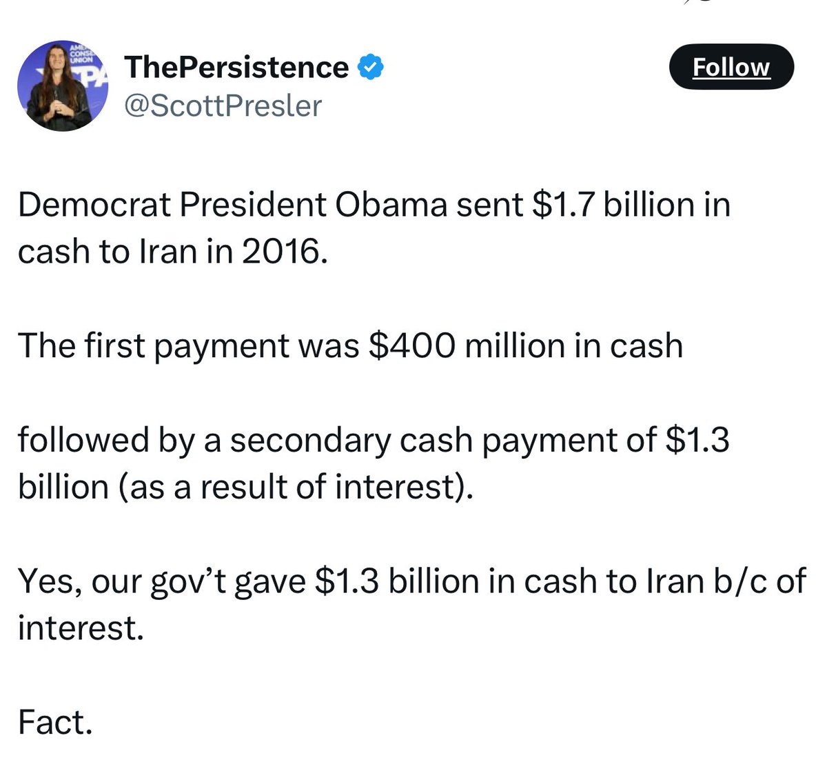 PawlowskiMario's tweet photo. MAGA creeps like Scott Presler keeps crying that “Obama gave Iran billions.”

No, dumbasses. He gave them their own money back.

That $1.7B came from $400M Iran paid to the U.S. in the 1970s for weapons we never delivered after the revolution. We held their cash for 40 years and made interest off it. Obama settled a legal case in international court, gave them back what we legally owed + interest. Not taxpayer money. Not a bribe.

In return, Iran froze its nuclear program under the JCPOA.

Then Trump, in his racist obsession with undoing anything Obama did, pulled out of the deal, slapped sanctions, and pushed Iran straight toward nukes.

All because a wannabe dictator with the IQ of a well done steak had a vendetta against a Black president.

Obama made peace through leverage.
Trump is making war through the hate.