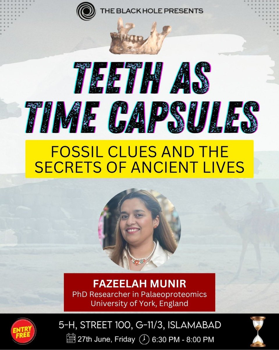 fazeelah8's tweet image. Hey
If you are in Islamabad
Feel free to join me for a conversation on this very interesting topic.🦷✨
*Teeth as Time Capsules*
_Fossil Clues and the Secrets of Ancient Lives_
