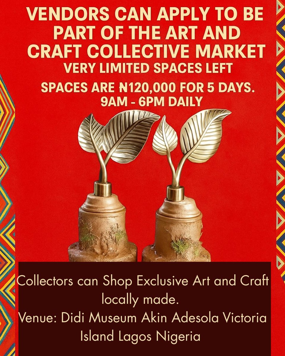 Apply to be part of the Art and Craft collective Market very limited spaces left.
Collectors can shop exclusive and original artworks at the Art &amp; Craft Collective Market Lagos, August 27–31, venue: Didi Museum, Akin Adesola, Victoria Island Lagos.
artmiabo.com