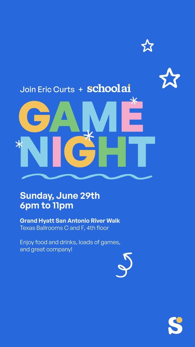 #ISTE GAME NIGHT! 

Come hang with Eric Curtis + The SchoolAI team to kickoff ISTE, one week from today! It's going to be amazing. We've got big surprises in store and we can't wait to show you!!
